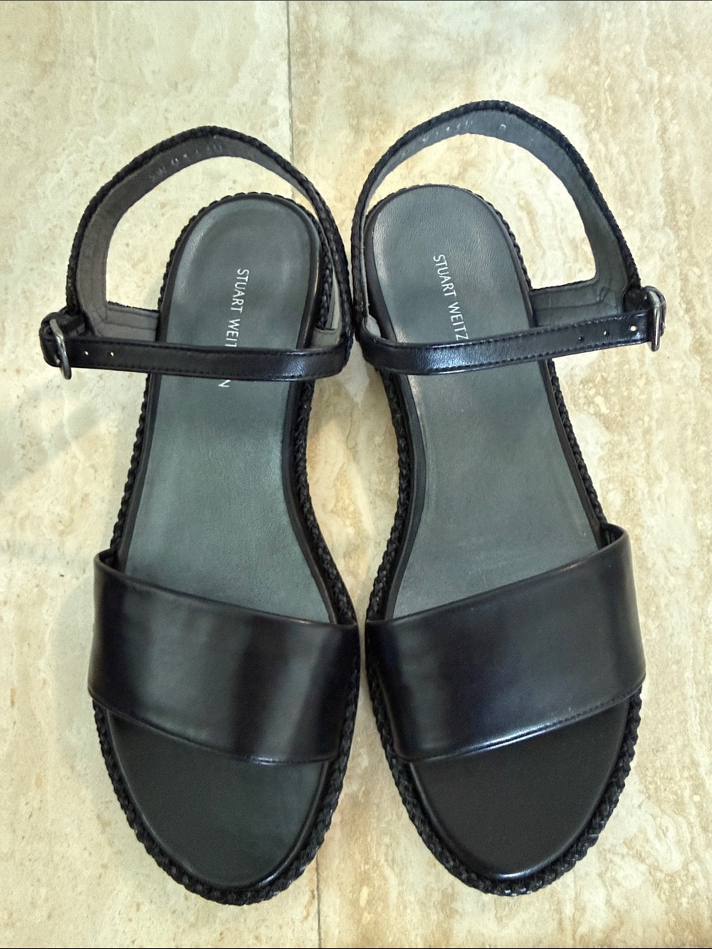 New Stuart Weitzman Black Leather Wide Band Sandals with Ankle Strap